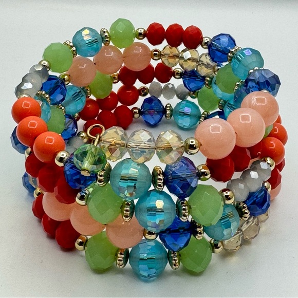 Multicolor Beaded Memory Wire Bracelet Crystal Glass Statement - Picture 3 of 7